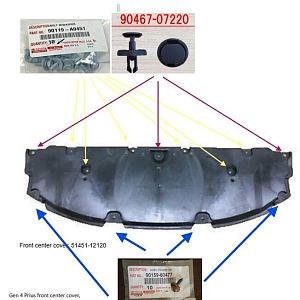 Gen 4 Prius front under cover layout of screws, clips and bolts